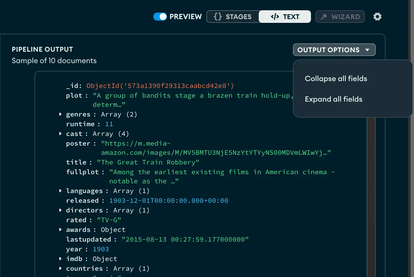 Pipeline Output preview